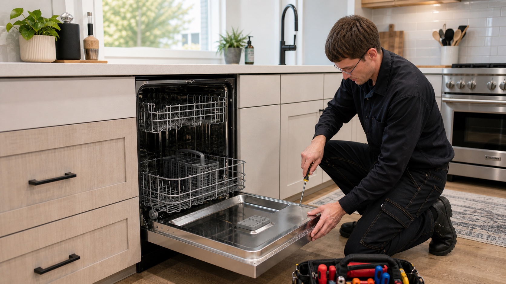 Technician repairing dishwasher door latch screws with a screwdriver