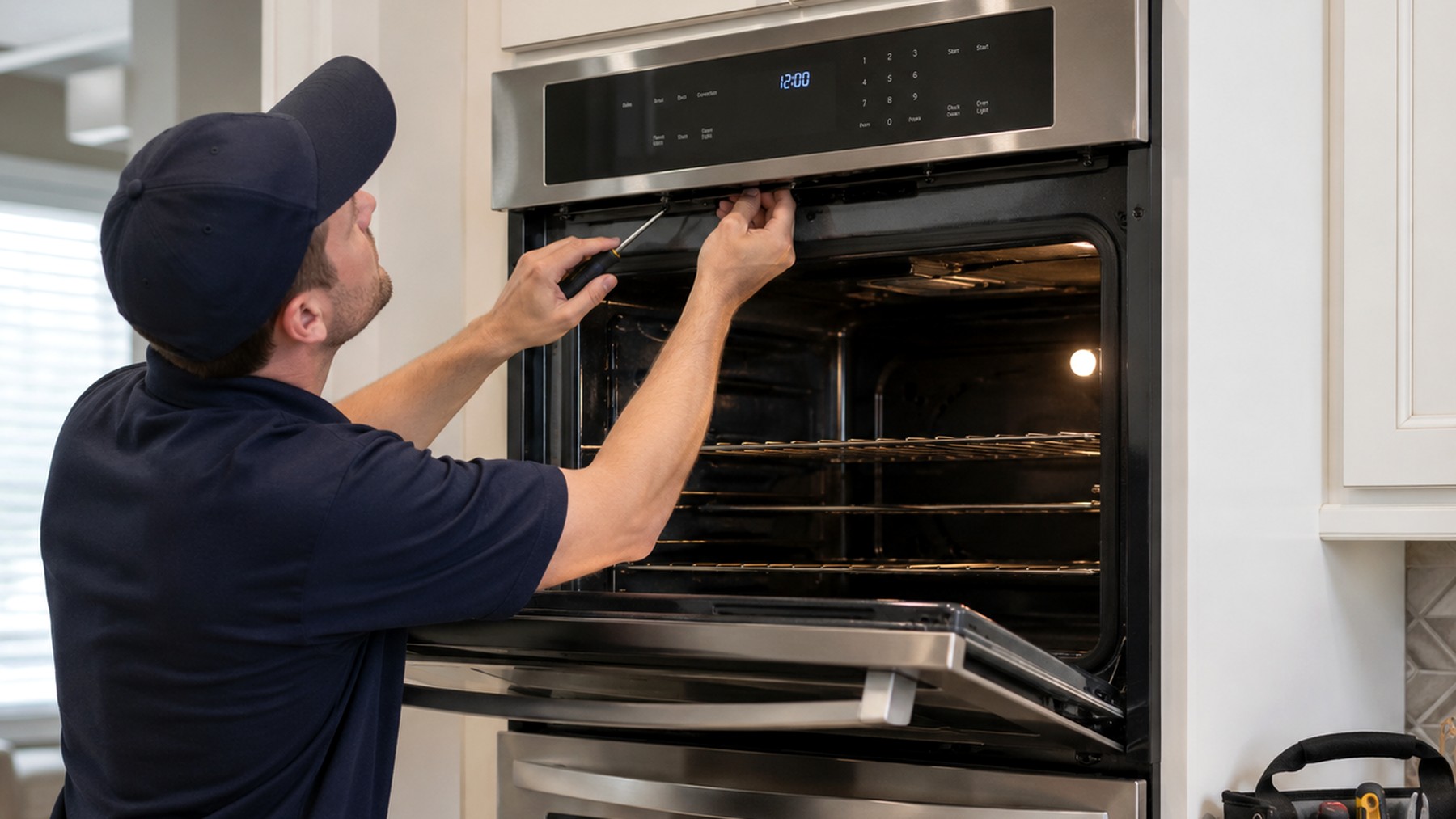 Technician repairing an open wall oven with a screwdriver